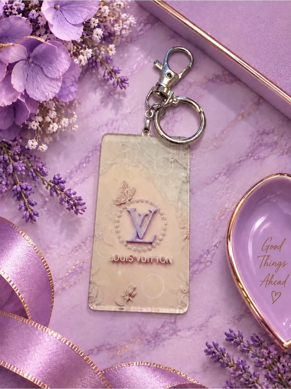 Cream & Lavender Butterfly Acrylic Bag Charm Keychain | Silver Tone